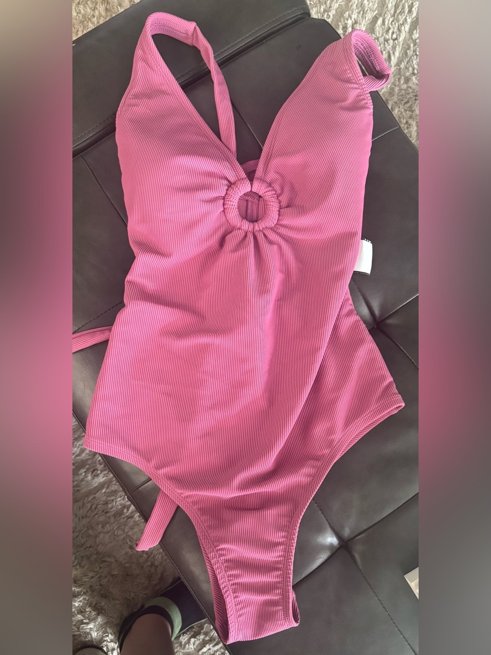 Womens Pink Ribbed One-Piece Swimsuit with Ring Detail